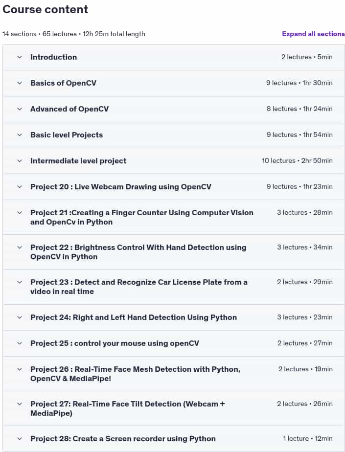 Course topics · Udemy — Mastering Python OpenCV: With 28 Real-World Projects 2025-5