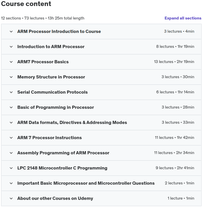 Course topics · Udemy — ARM Processor – Core Components of ARM Processors 2024-4