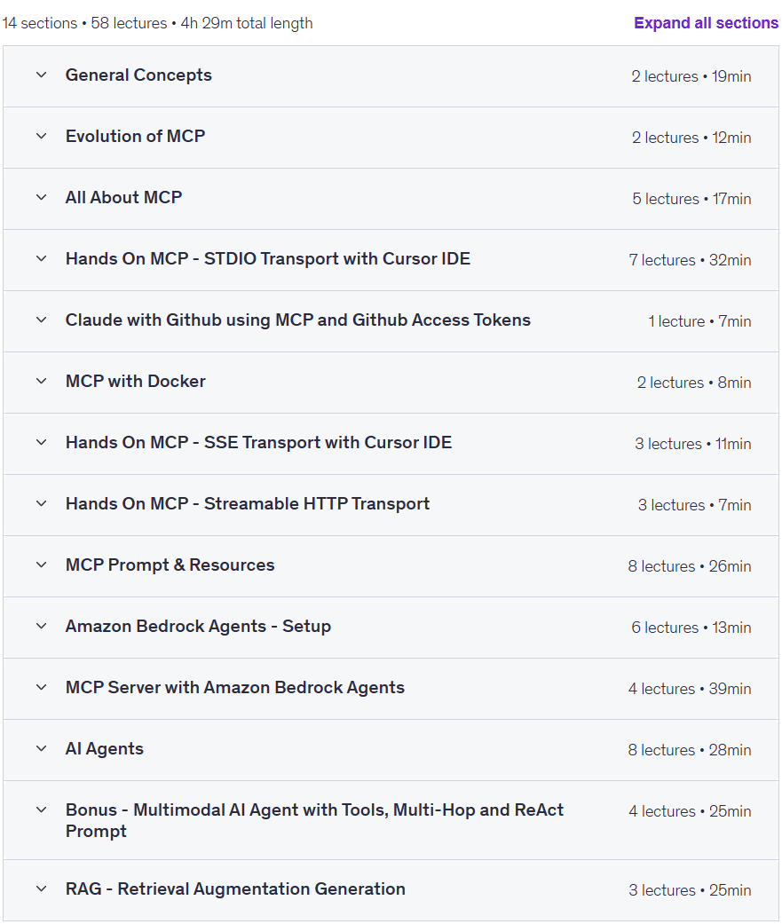 Course topics · Udemy — MCP Guide: Generative AI with Agents, Model Context Protocol 2025-9