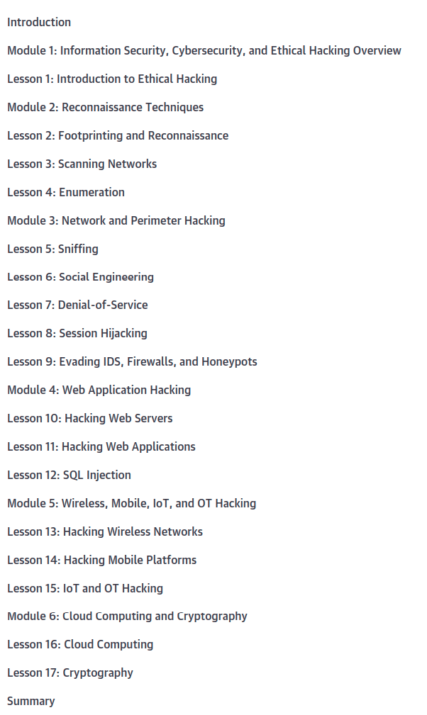 Course topics · Oreilly — Certified Ethical Hacker (CEH) Complete Video Course, 3rd Edition 2021-12