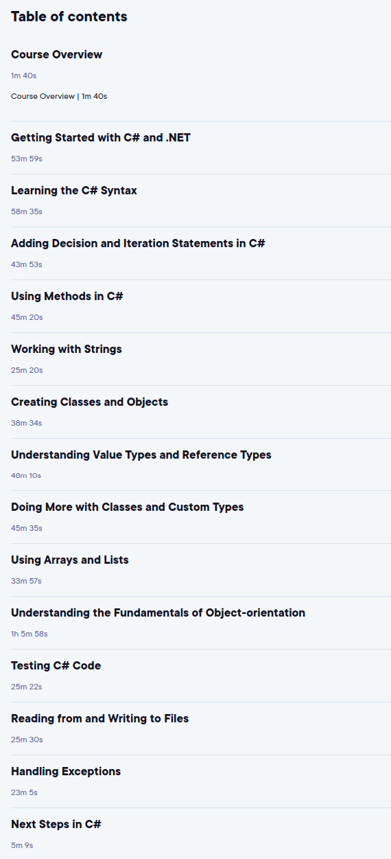 Course topics · Pluralsight — C# 10 Fundamentals 2025-2