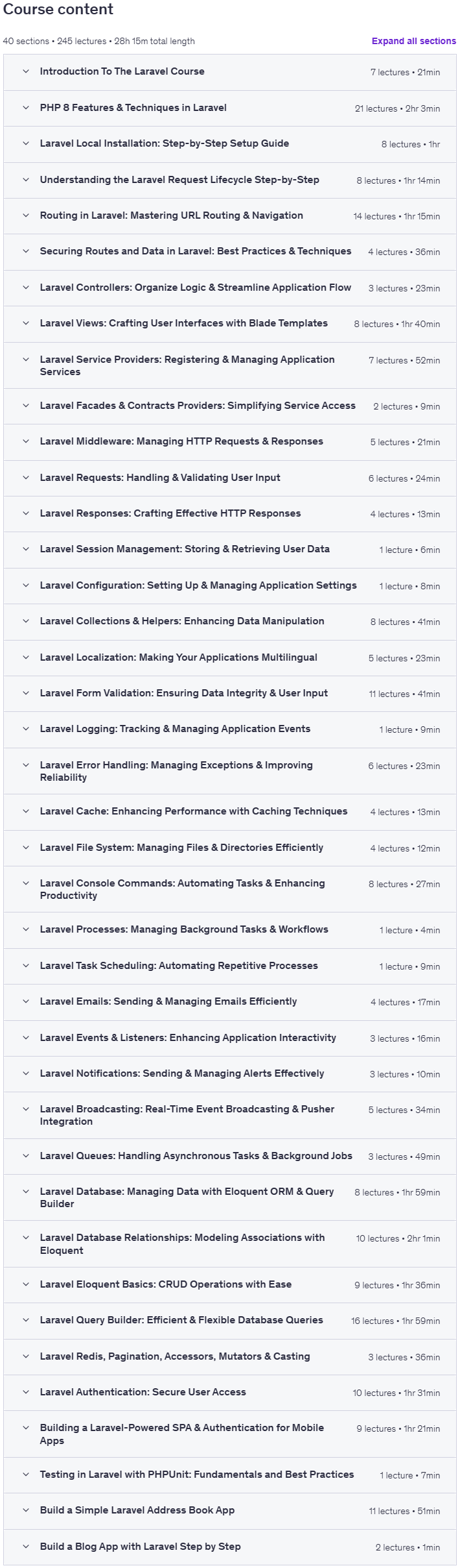 Temas del curso · El completo Laravel Cursos de desarrollo de PHP (2025 Edición) 2025-8