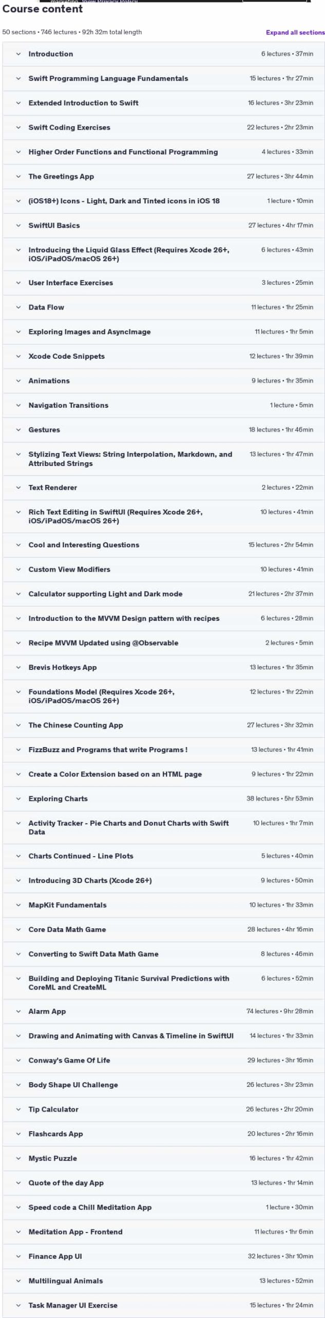 Course topics · Udemy — Deep Dive iOS 26 & SwiftUI 6: 90-Hour Project-Based Course 2025-7