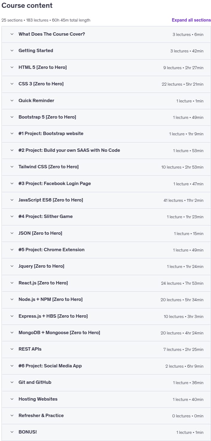 Sujets du cours · Full Stack Web Development Master Course - Nouvelles à Experts 2025-10