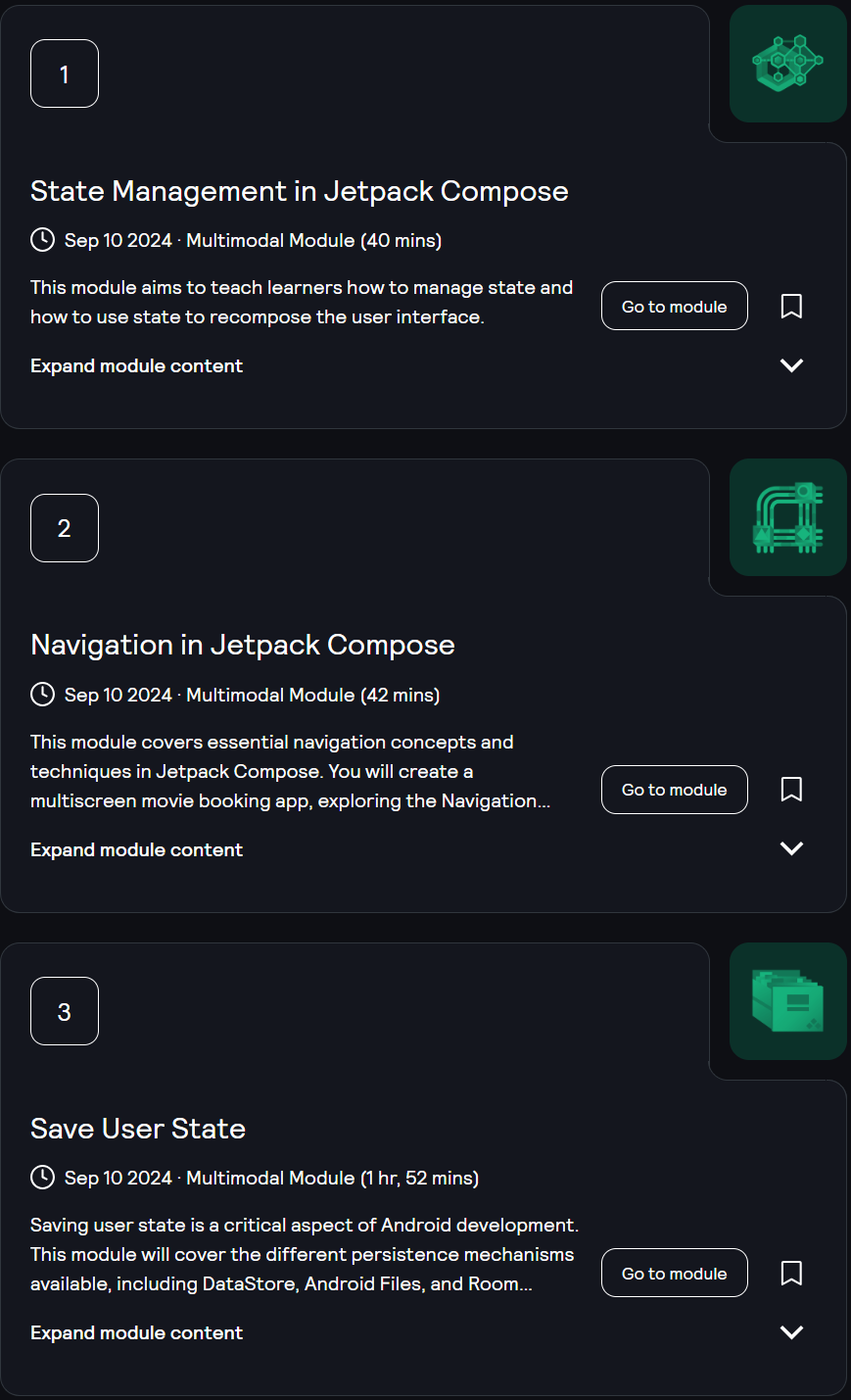 Course topics · Kodeco — Create a Multiscreen App in Android 2025-1