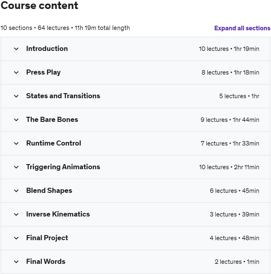 Course topics · Udemy — The Beginner’s Guide to Animation in Unity (v5 to v2020+) 2022-5