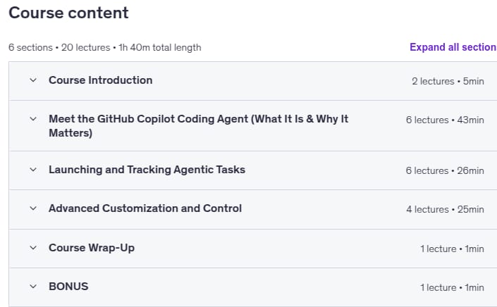 Course topics · GitHub Copilot Coding Agent: Build, Test, and Ship Code Fast 2025-10