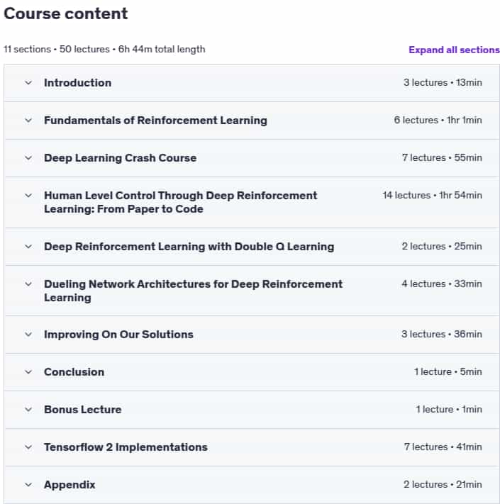 Course topics · Udemy — Modern Reinforcement Learning: Deep Q Agents (PyTorch & TF2) 2023-8