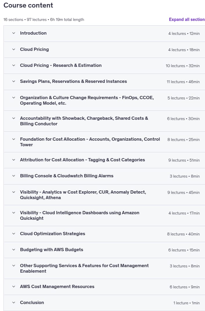 Temas del curso · Ultimato AWS Gestión de costes en la nube curso completo! 2025-11