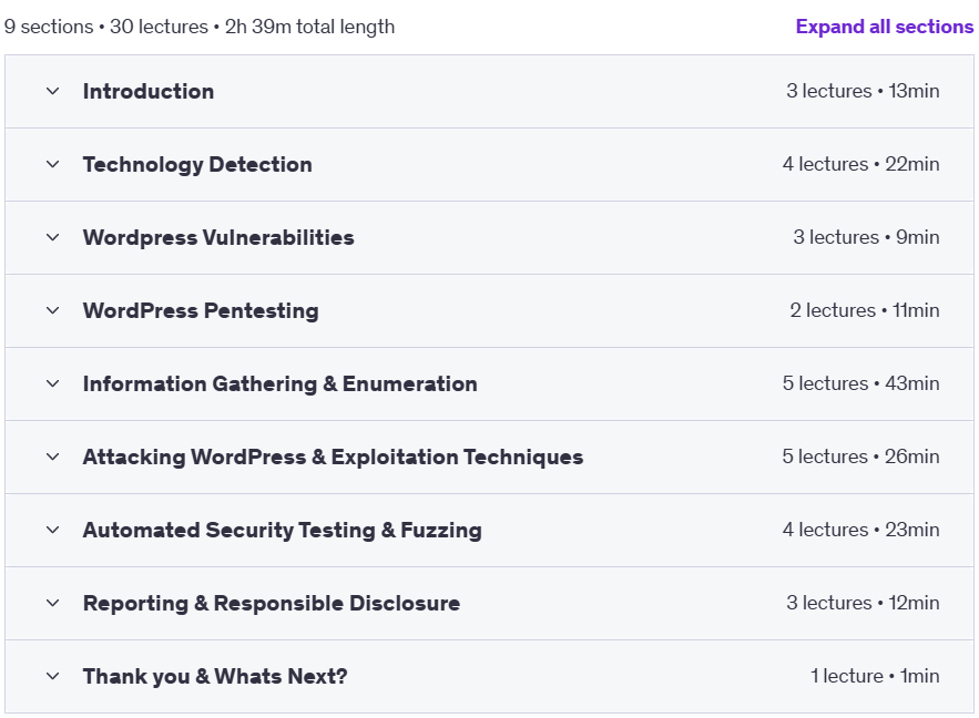 Course topics · Udemy — WordPress for Pentesting and Bug Bounties 2025 2025-3