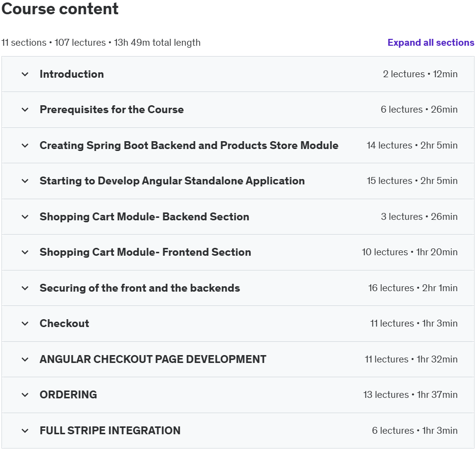 Course topics · Udemy — Unique Spring Boot E-Commerce Application Development 2024-12