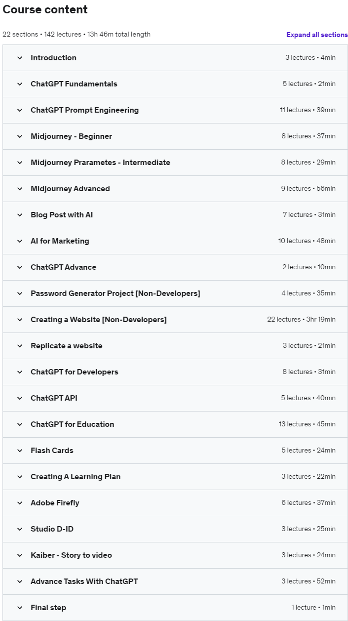 Course topics · Udemy — ChatGPT Mega Course: Midjourney, Adobe Firefly AI, ChatGPT 4 2023-6