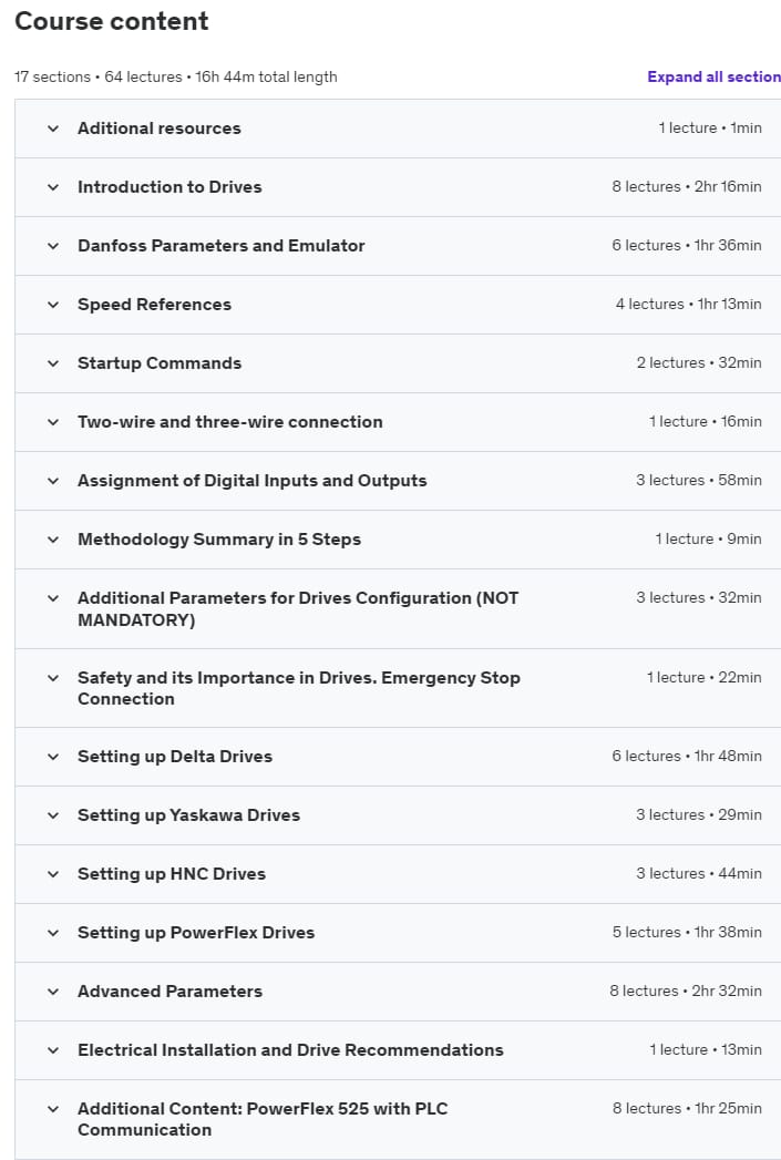 Course topics · Udemy — VFD Drives, Frequency Inverters, Complete PLC Course Drives 2024-2