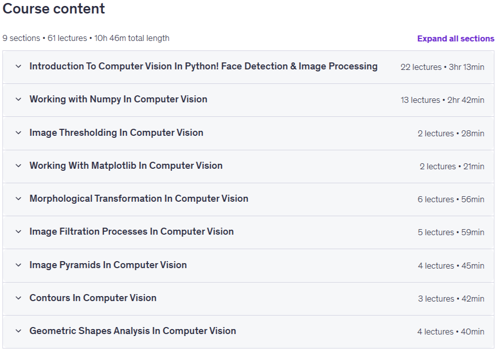 Course topics · Python Computer Vision for Image Processing & Face Detection 2026-8