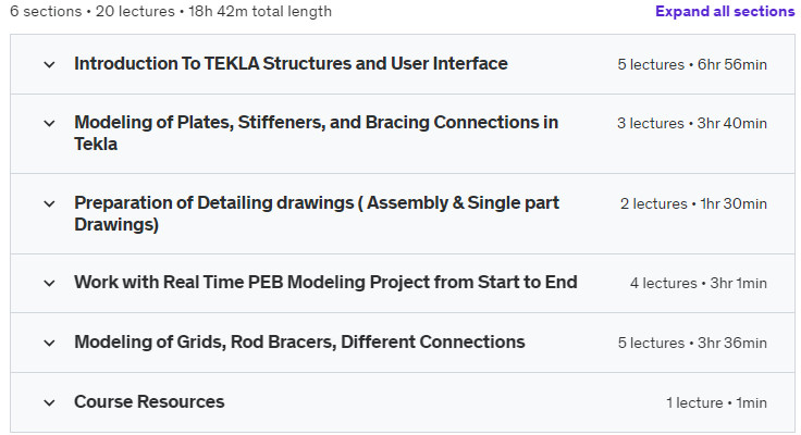 Course topics · Udemy — TEKLA Structures: Steel & Pre Engineered Building Modeling 2023-1