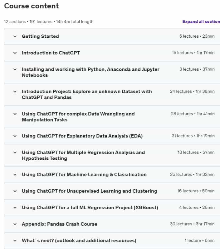 Course topics · Udemy — ChatGPT for Python Data Science and Machine Learning 2020-3