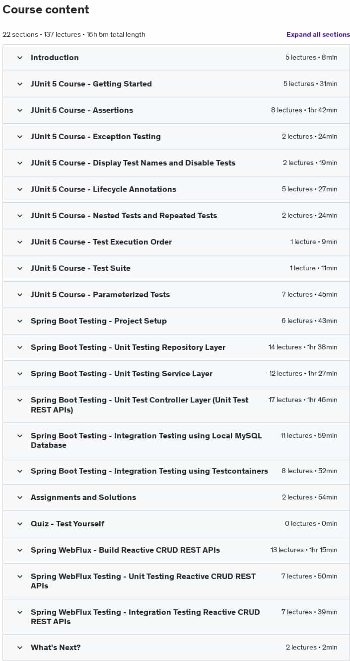Course topics · Udemy — Spring Boot Testing with JUnit 5, Mockito & Testcontainers 2024-11