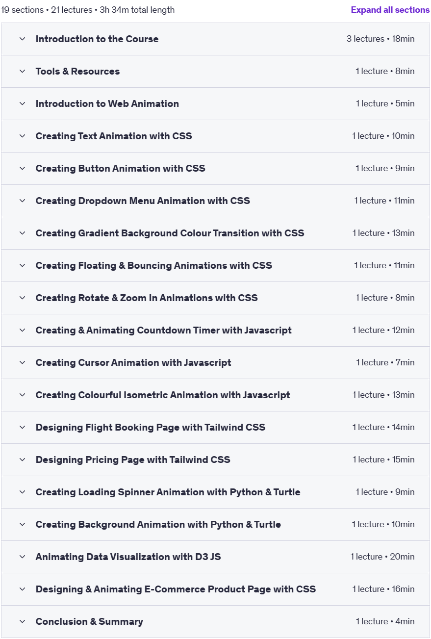 Course topics · Udemy — CSS Animation, Javascript Animation, Tailwind for Web Design 2025-7