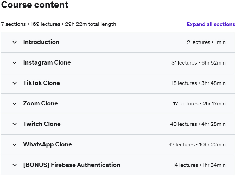 Course topics · Udemy — Flutter & Firebase Tutorial: Build 5 Social Media Apps 2023-3