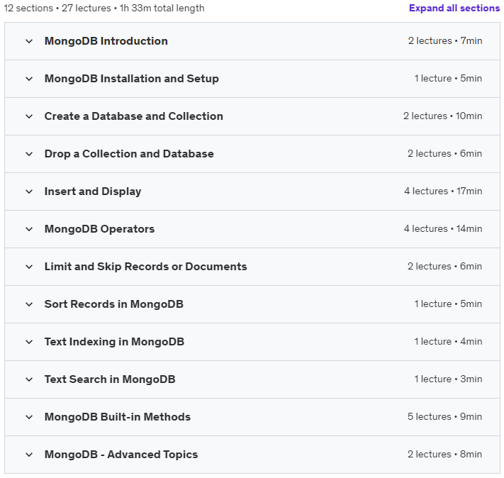 Course topics · Udemy — Udmy – MongoDB Tutorial for Beginners (2023) 2022-6