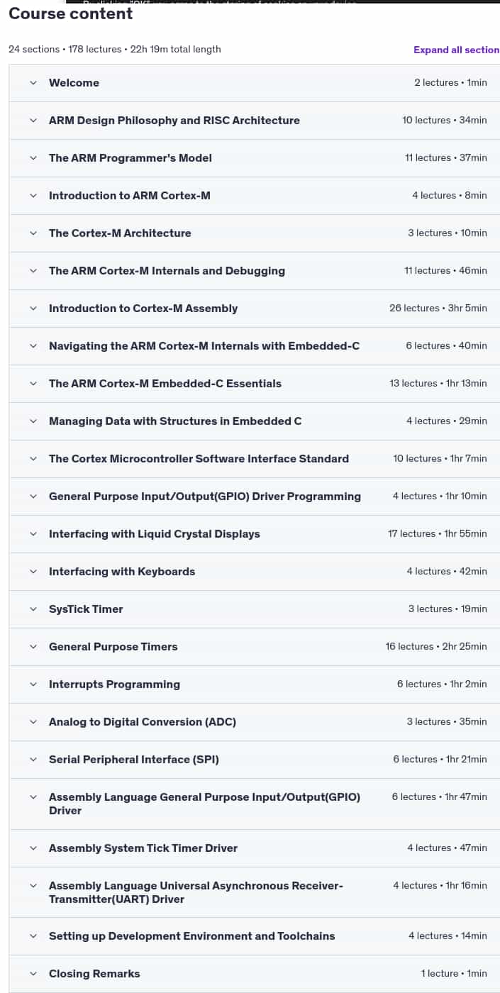 Course topics · Complete ARM Cortex-M Bare-Metal Programming (TM4C123) 2021-11
