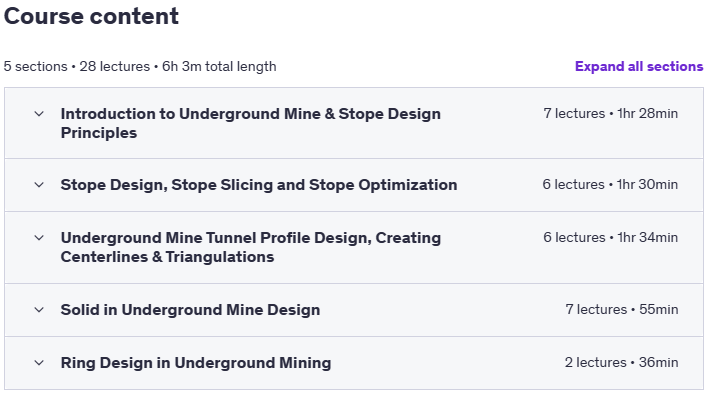 Course topics · Udemy — Underground Mine Design using GEOVIA Surpac ® 2025-6