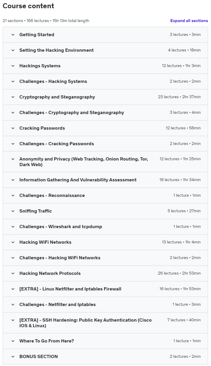 Course topics · Ethical Hacking from Scratch: Complete Bootcamp 2023 2022-5