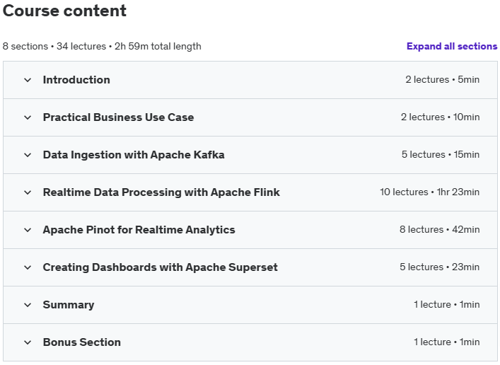 Course topics · Udemy — Realtime Analytics with Apache Pinot and Apache Flink 2024-2