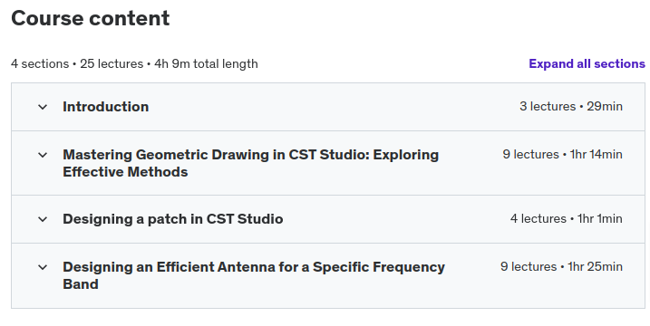 Course topics · Udemy — Mastering CST Antenna Design: From Basics to Brilliance 2024-3