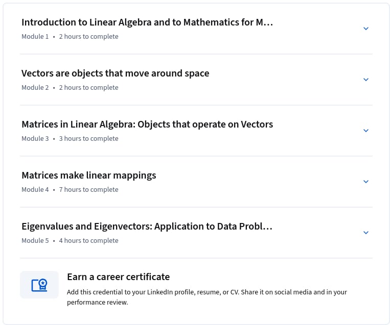 Course topics · Mathematics for Machine Learning: Linear Algebra 2026-9