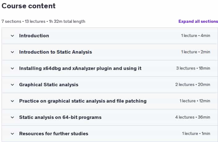 Course topics · Udemy — Reverse Engineering 3: x64dbg Graphical Static Analysis 2024-12