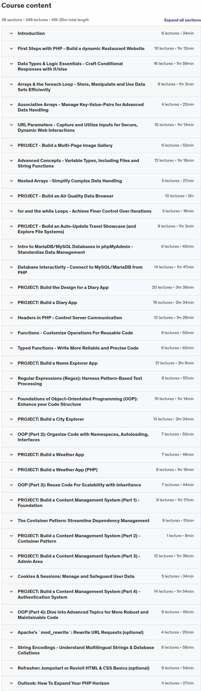 Course topics · Udemy — Modern PHP: The Complete Guide – from Beginner to Advanced 2025-1