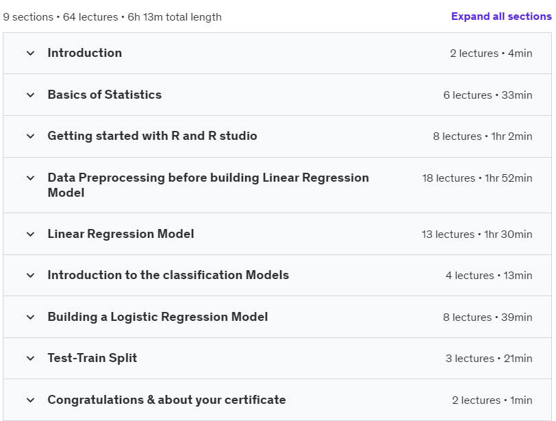Course topics · Udemy — Linear Regression and Logistic Regression using R Studio 2022-11