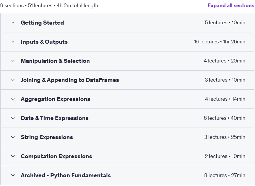Course topics · Data Analysis with Polars in Python 2023-12