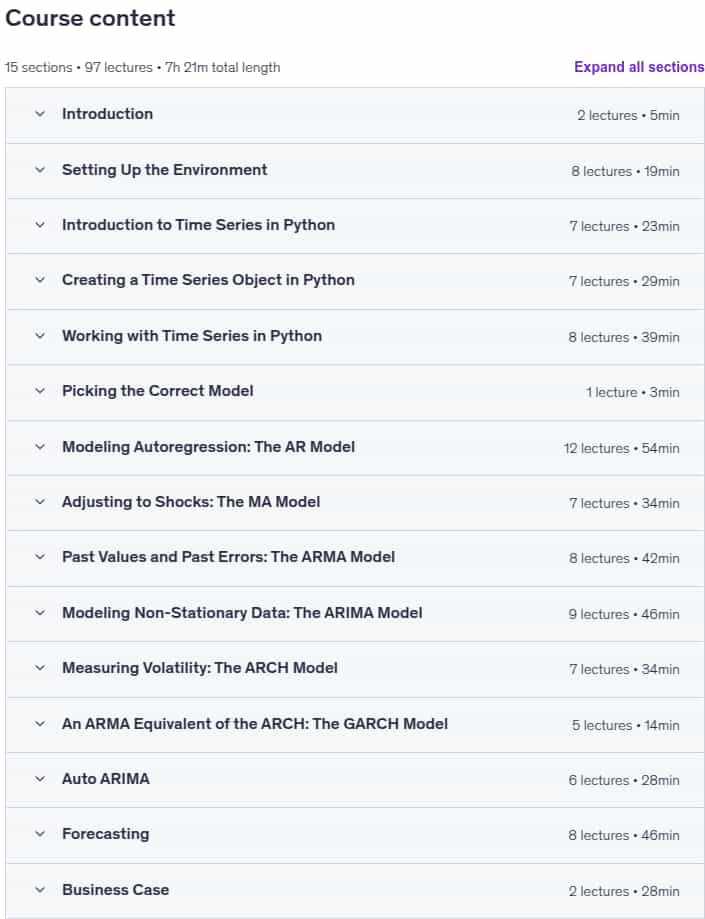Course topics · Udemy — Time Series Analysis in Python 2023-5