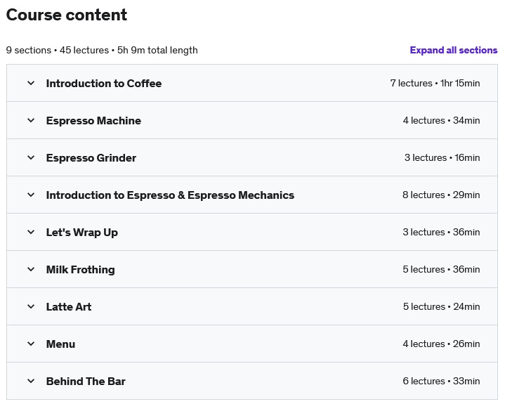 Course topics · Udemy — Barista Course: Foundation and Intermediate #BetterCoffee 2021-5