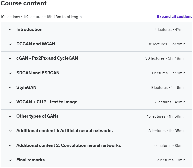 Course topics · Udemy — Generative Adversarial Networks (GANs): Complete Guide 2023-11