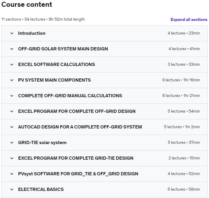 Course topics · Udemy — The Complete 2022 PV Solar Energy | PVsyst, Excel & AutoCAD 2020-5