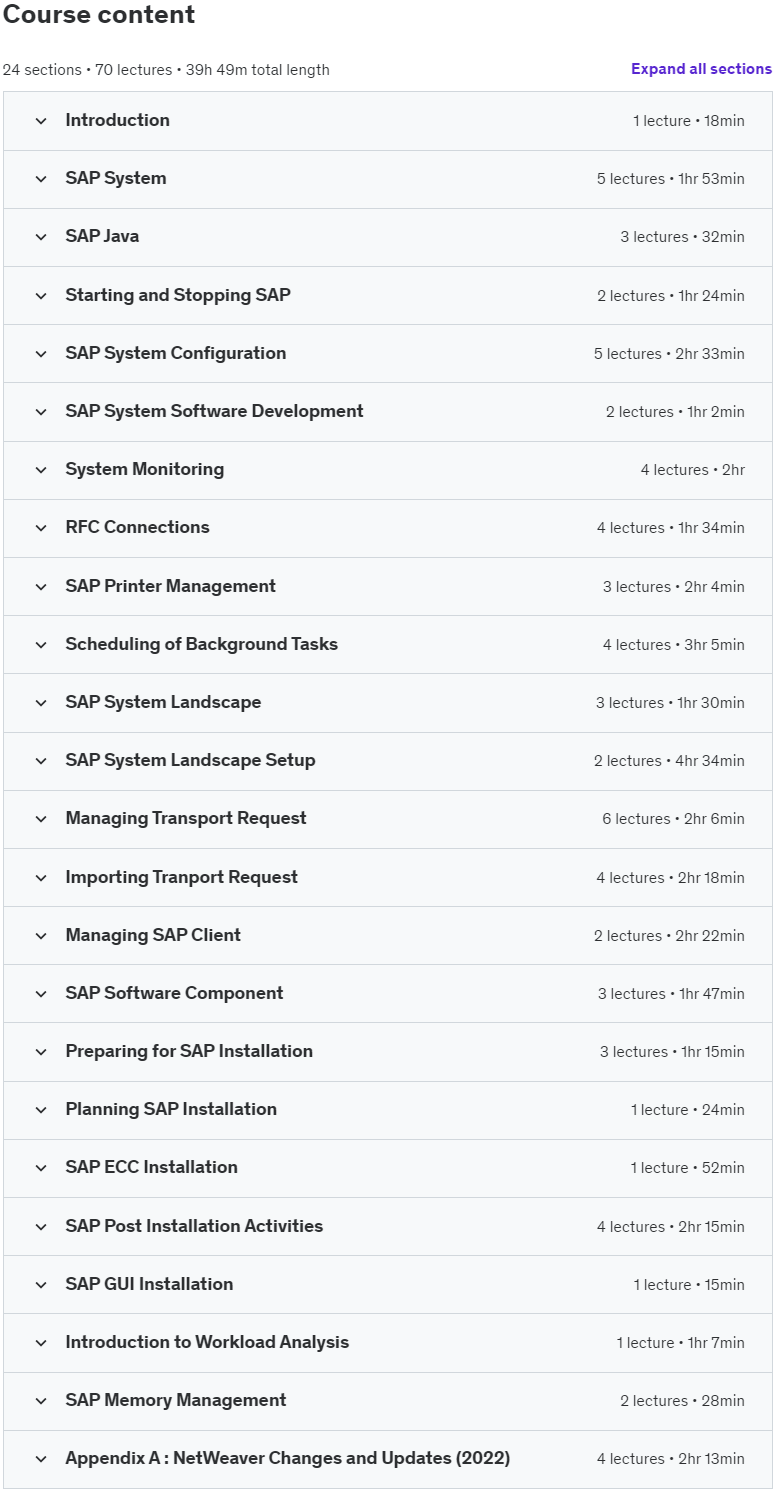 Course topics · Udemy — SAP Basis Administration 2023-11