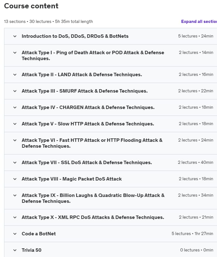 Course topics · Udemy — DoS, DDoS, DRDoS & BotNets 2021-9