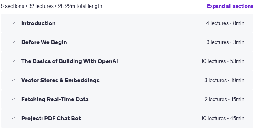 Course topics · Udemy — AI For JavaScript Developers (OpenAI, Embeddings, Vercel AI) 2024-3