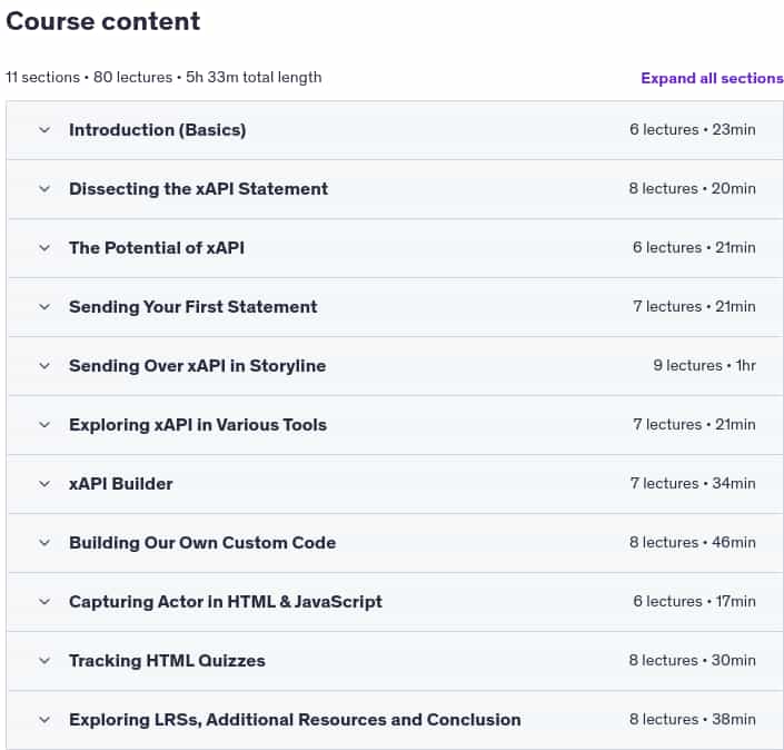 Course topics · Udemy — xAPI Fundamentals – Track Learning with Greater Detail 2024-10
