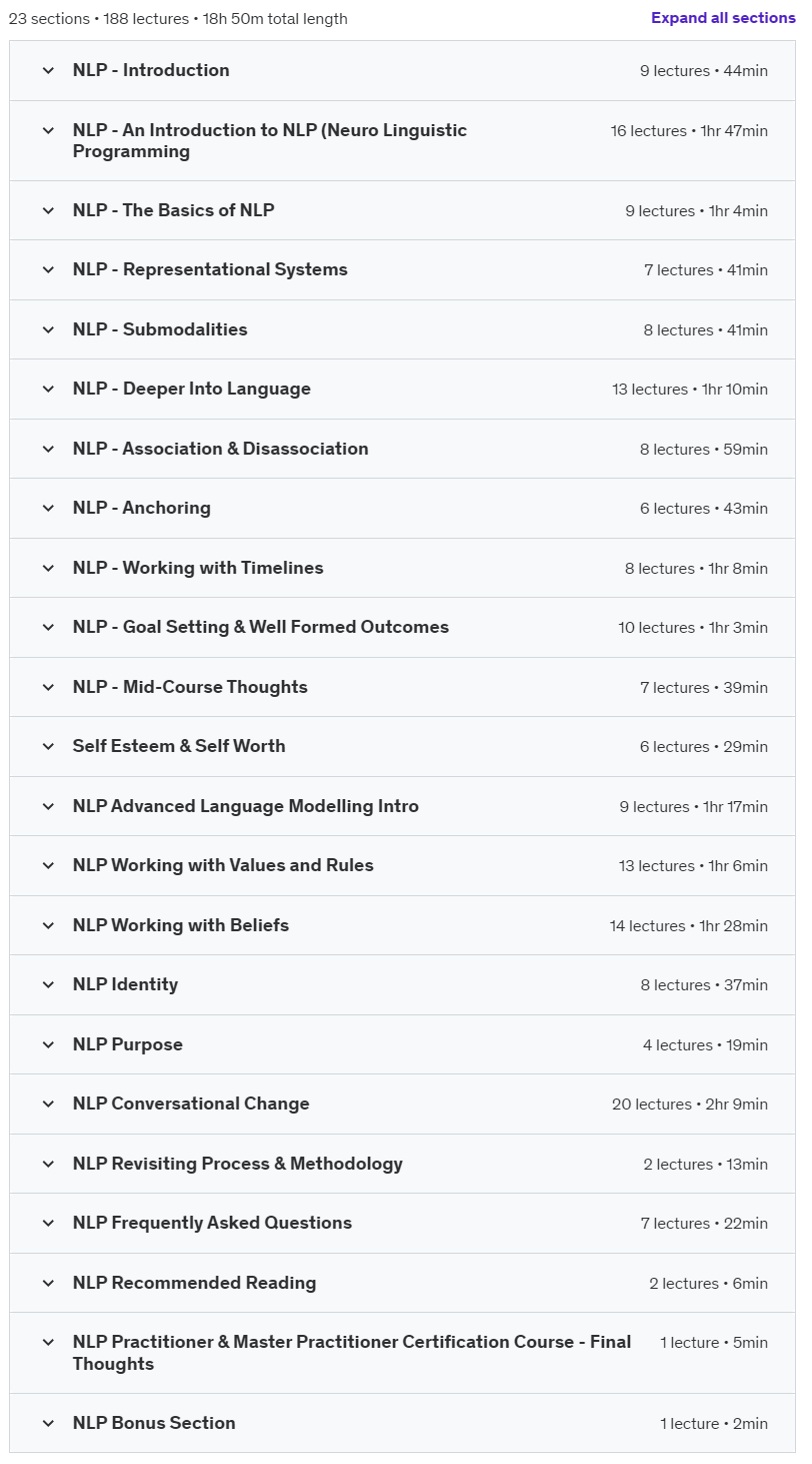 Course topics · Udemy — NLP Practitioner & NLP Master Practitioner Cert (ACCREDITED) 2024-9