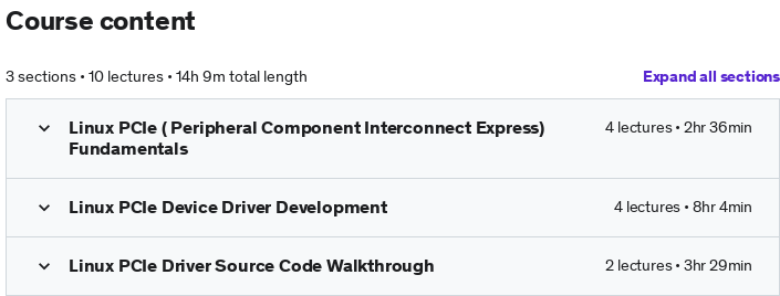 Course topics · Udemy — Deep Dive into Linux PCIe Device Driver Development 2021-5