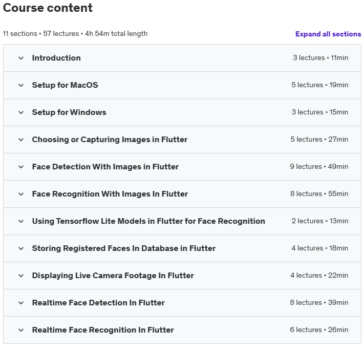 Course topics · Udemy — Face Recognition & Detection in Flutter – The 2024 Guide 2023-2