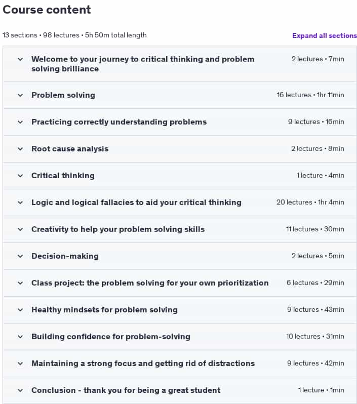 Course topics · Udemy — Critical Thinking Skills & Problem Solving Brilliance 2025-2