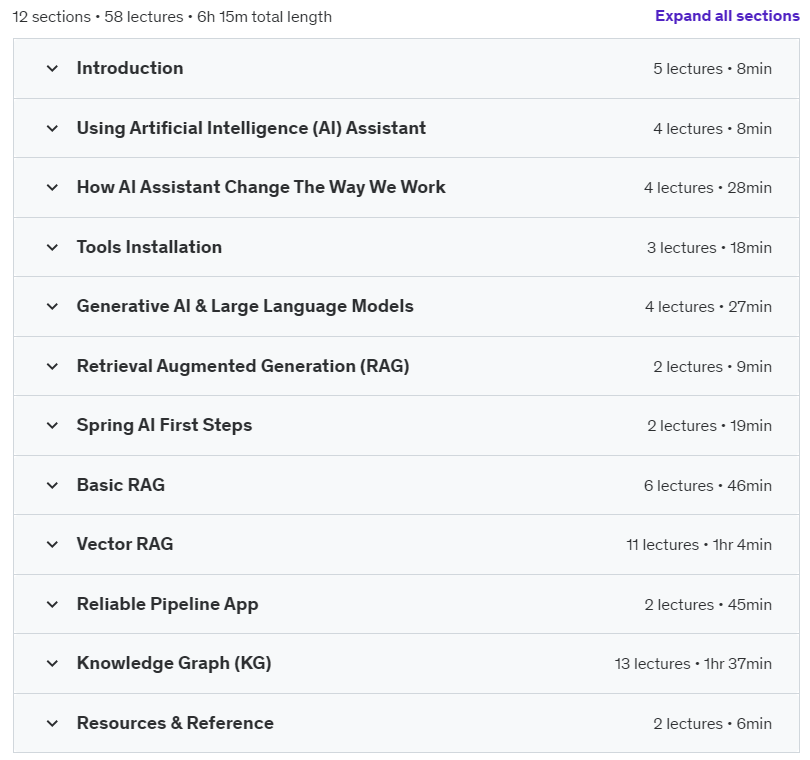 Course topics · Udemy — Java Spring AI, Neo4J, and OpenAI for Knowledge Graph RAG 2024-11