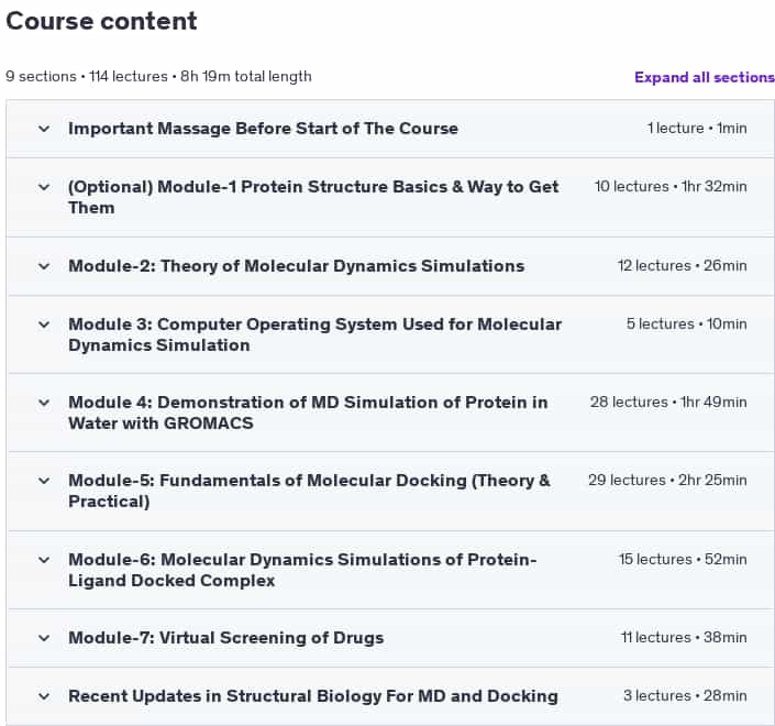 Course topics · Udemy — Bioinformatics; Learn Docking & Mol Dynamics Simulation 2024-12