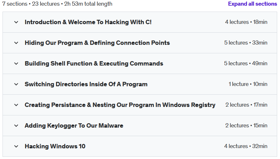 Course topics · Udemy — Build Undetectable Malware Using C Language: Ethical Hacking 2020-5