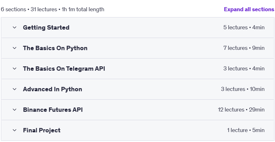 Course topics · Create bot in Python for Binance Futures API & Telegram API 2023-1